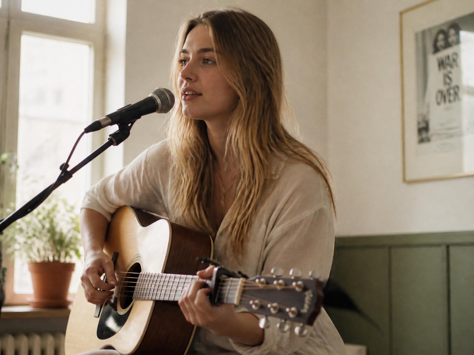 Elin Evelina sjunger och spelar akustisk gitarr i dagsljus